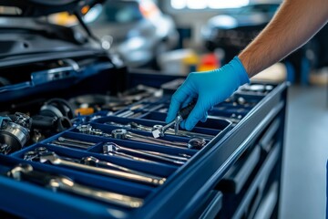 A close up of a mechanic's hand in a blue glove reaching into a toolbox full of tools.