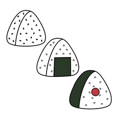 Onigiri Japanese Rice Balls. Set of 3, Vector Food Illustration, Cartoon Style, Isolated on White Background, Perfect for prints, menu graphics, etc.