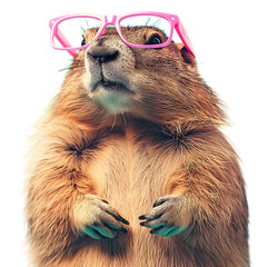 Funny face Groundhog with glasses die cut transparent.