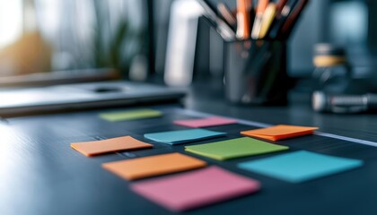 Colorful sticky notes on a desk with stationary and a laptop in an organized workspace.