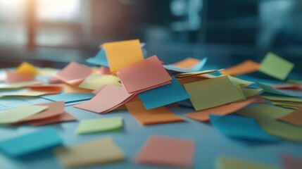 Colorful sticky notes scattered on a desk, organized chaos of thoughts and ideas for brainstorming sessions.