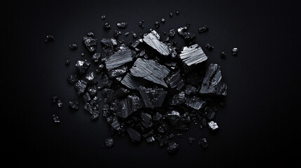 Coal chunks of all sizes are concentrated in the center of a velvety black background, seen from above.