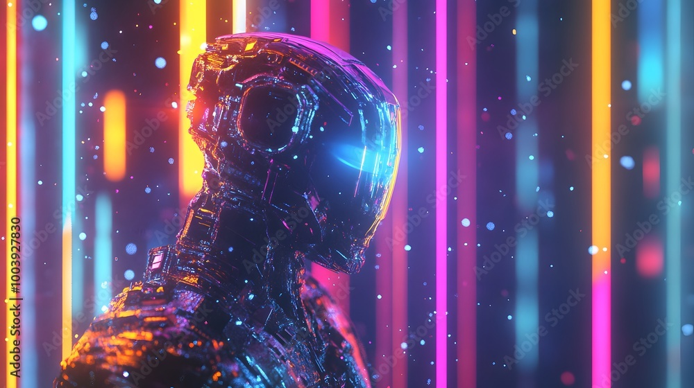Poster robot or artificial human made of iridescent plastic material in neon lights. 3d rendering illustrat