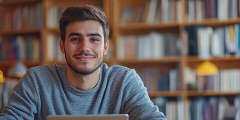 Young Man Posing in Library