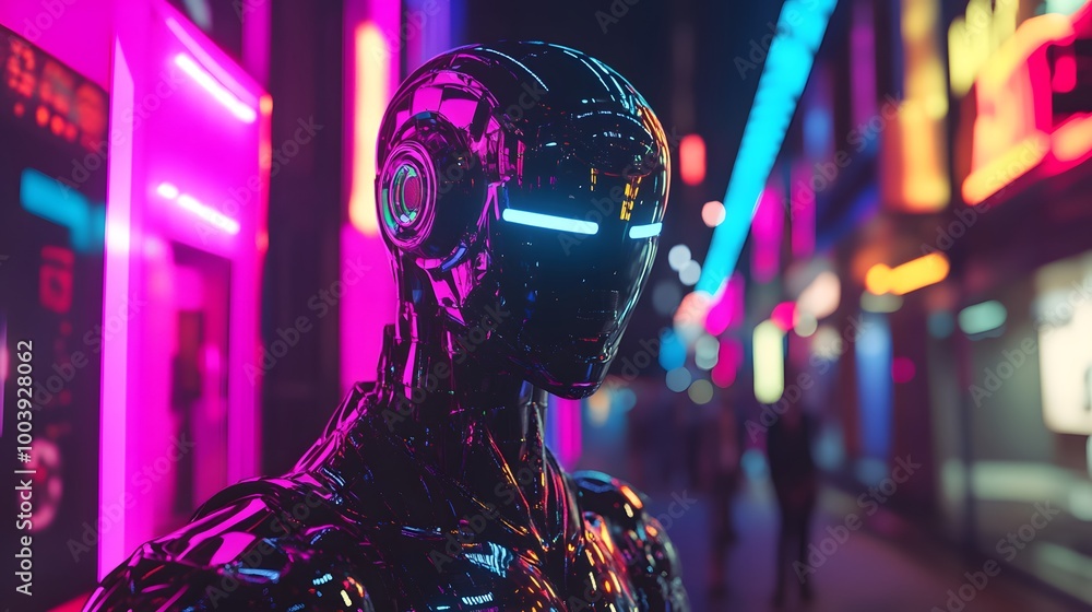 Poster robot or artificial human made of iridescent plastic material in neon lights. 3d rendering illustrat