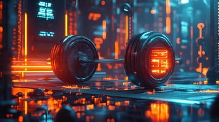 Weightlifting competition in a futuristic gym with glowing neon barbells and holographic stats  Futuristic  Neon  High Detail