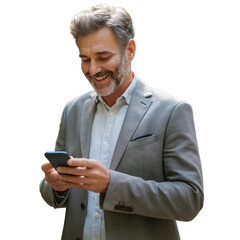 Happy mature older business man entrepreneur wearing suit using mobile cell phone die cut transparent
