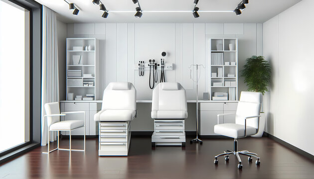 Bright modern conceptual medical exam treatment room. Aesthetics, insurance, comfort, vip concierge medical care concept.