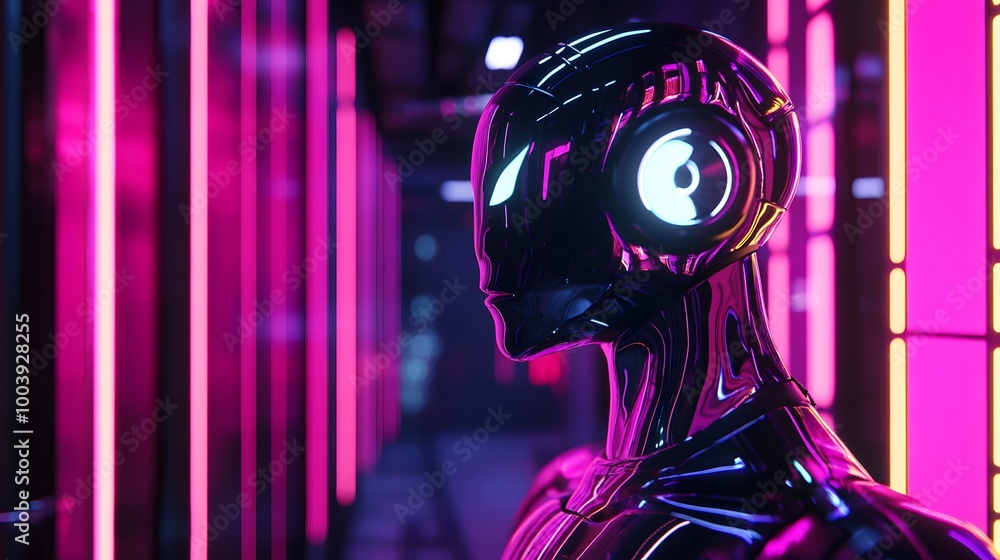 Poster robot or artificial human made of iridescent plastic material in neon lights. 3d rendering illustrat