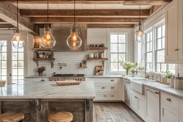 farmhouse kitchen lighting, create a cozy farmhouse kitchen vibe with vintage bulbs and wooden beams for rustic lighting ambiance