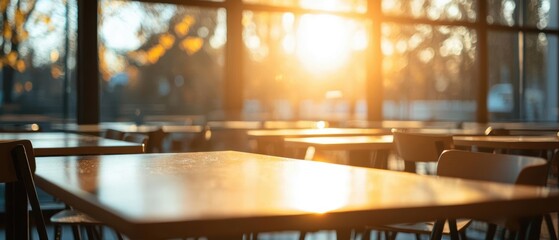 Cozy cafe interior with wooden tables and warm sunlight streaming through large windows.