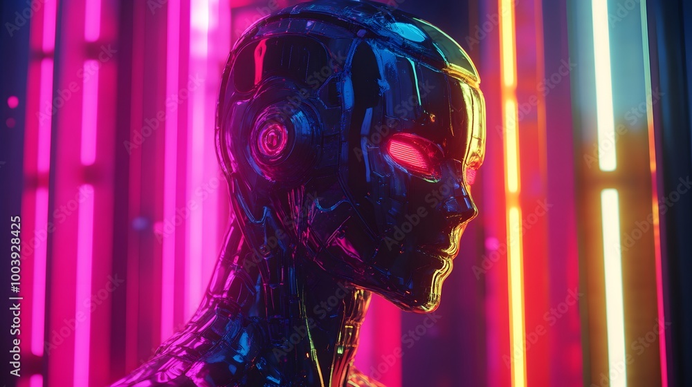 Poster robot or artificial human made of iridescent plastic material in neon lights. 3d rendering illustrat