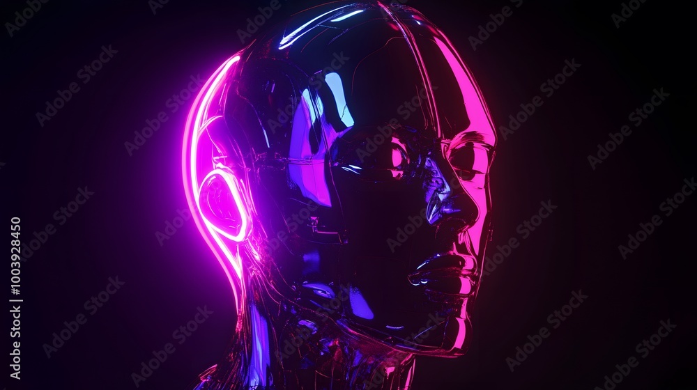 Poster robot or artificial human made of iridescent plastic material in neon lights. 3d rendering illustrat