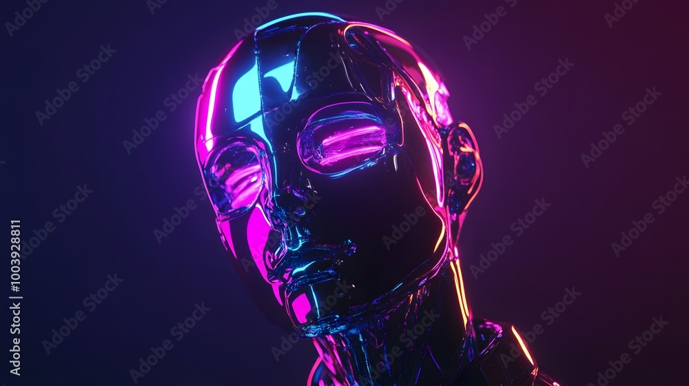 Poster robot or artificial human made of iridescent plastic material in neon lights. 3d rendering illustrat