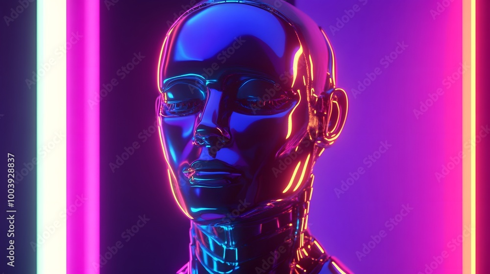 Poster robot or artificial human made of iridescent plastic material in neon lights. 3d rendering illustrat