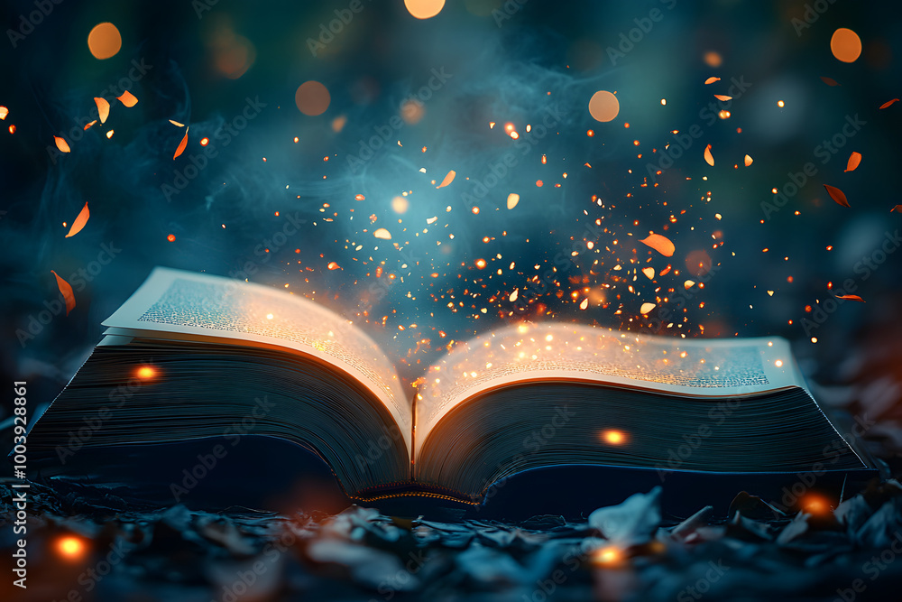 Poster magic book with open pages and abstract bokeh background.