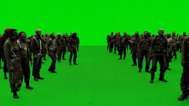 Group of zombies walking forward on a green screen background, ideal for horror and cinematic special effects