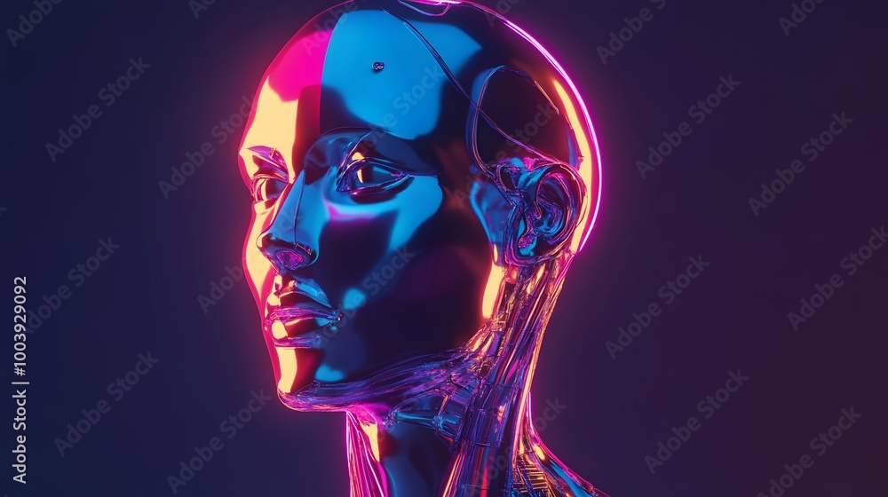Poster robot or artificial human made of iridescent plastic material in neon lights. 3d rendering illustrat