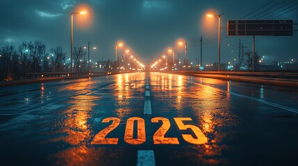 A futuristic road reflects warm streetlights and the year 2025, symbolizing the journey towards the future. The evening ambiance evokes determination and hope.