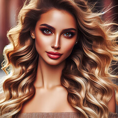 Obraz premium Beautiful woman, wind in long wave blonde hair, hazel eyes