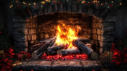 A cozy fireplace ablaze with warm flames, surrounded by festive decorations, perfect for a Christmas ambiance.