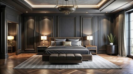 Fototapeta premium Luxurious bedroom with dark black tones