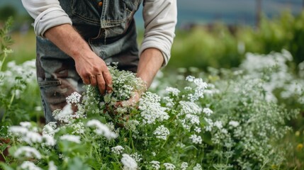 Fototapeta premium A farmer preparing yarrow preparation for grapevines, boosting plant immunity