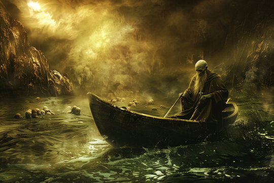 Charon Crossing the River Styx as he guides departed souls through the darkness into the mythical realm of the god Hades in Greek legends