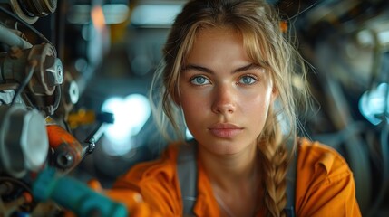 A female auto mechanic expertly using a power tool to fix a car, breaking gender stereotypes in the industry