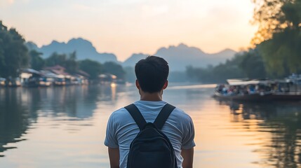 Fototapeta premium Man Contemplating the River at Sunset