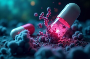 Red white capsule dissolves in the stomach. World Science Day. Antibiotic or Antimicrobial resistance concept. Pill kills microbes, bacteria or virus. Human health and medicine. Sustainable science.