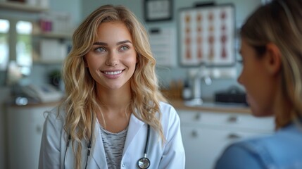 A female chiropractor discussing posture correction techniques with a patient.