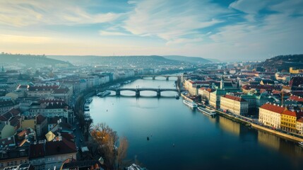 Fototapeta premium River Cityscape: A European cityscape with a river flowing through it