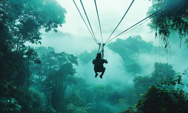 Adventurous couple ziplining through a tropical rainforest, with towering trees and dense foliage below. . Video