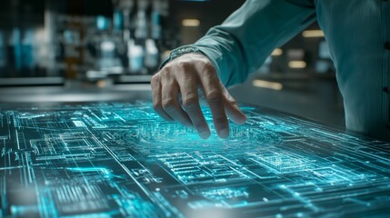 A close-up of an architect hand adjusting a virtual BIM model with hand gestures, interacting with a holographic interface