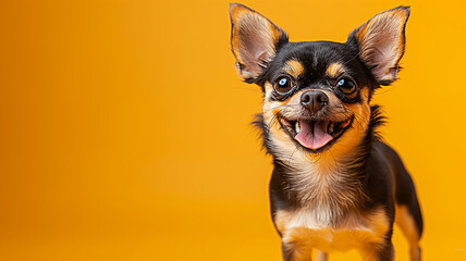 Chihuahua is a small cheerful dog smiling on a bright yellow background in the studio