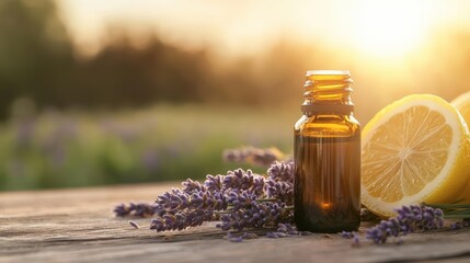 Lavender essential oil bottle with fresh lemon slices against a serene sunset background.