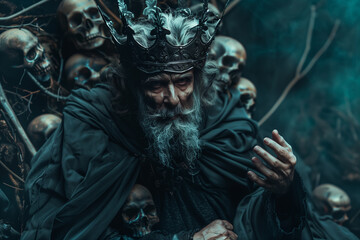 Obraz premium Hades, God of the Underworld dressed in black iron crown ruling the kingdom of the dead and surrounded by wandering souls