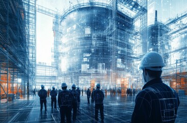 Construction site with workers and futuristic BIM technology, Building Information Modeling concept with digital structures and hard hats
