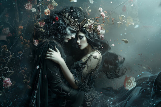 Hades and Persephone, Gods of the Underworld reigning over the realm of death with passion and mystery, surrounded by spirits and shadows