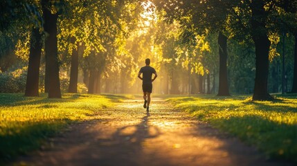 Obraz premium Early Morning Jogger in Sunlit Park Embrace the Calm and Boost Your Energy