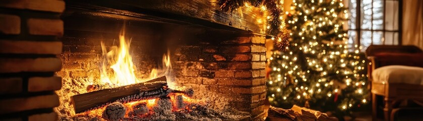 A cozy fireplace surrounded by a beautifully decorated Christmas tree, creating a warm and inviting holiday atmosphere.