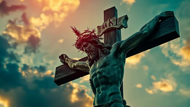 Dramatic depiction of Jesus on the cross at sunset, symbolizing sacrifice, faith, and redemption