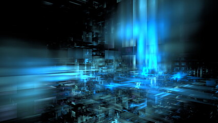 A vibrant display of blue light streaks contrasts against dark geometric shapes, evoking a sense of depth in a futuristic digital landscape during nighttime. 3d render