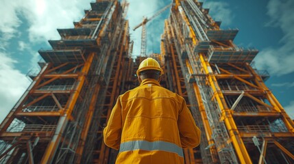 Construction Worker Overlooking Large-Scale Industrial Building Project Under Blue Sky