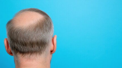 Obraz premium rear view of a man a baldness problem. Loss hair. Isolated blue background with copy space