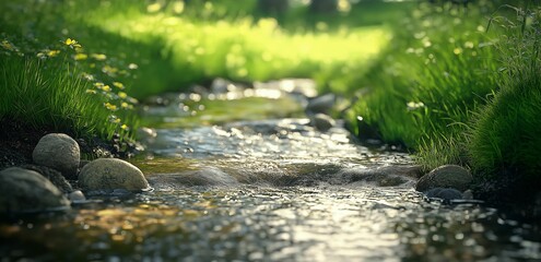 Fototapeta premium A Gentle Journey: Sun-Kissed Stream Flowing Through Verdant Greenery, Where Nature's Beauty Soothes the Soul 