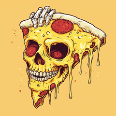 Slice of pizza in the shape of a skull with a skull hand holding it