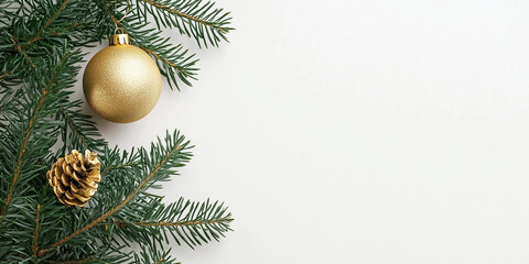 Christmas background with fir tree branches, golden balls on white background