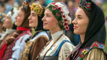Fototapeta premium Traditional Eastern European Attire: People in traditional Eastern European clothing at a cultural event